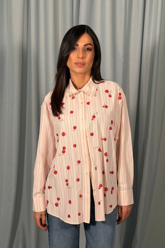 Camicia oversize a righe con ricamo floreale