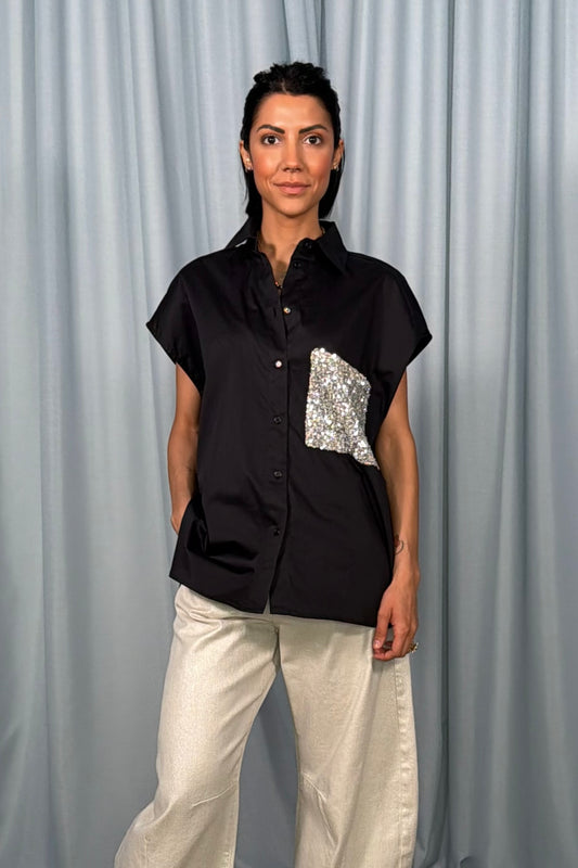 Camicia senza maniche con tasca paillettes