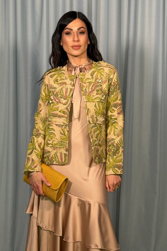 Giacca camicia con motivo foglie e tasche frontali