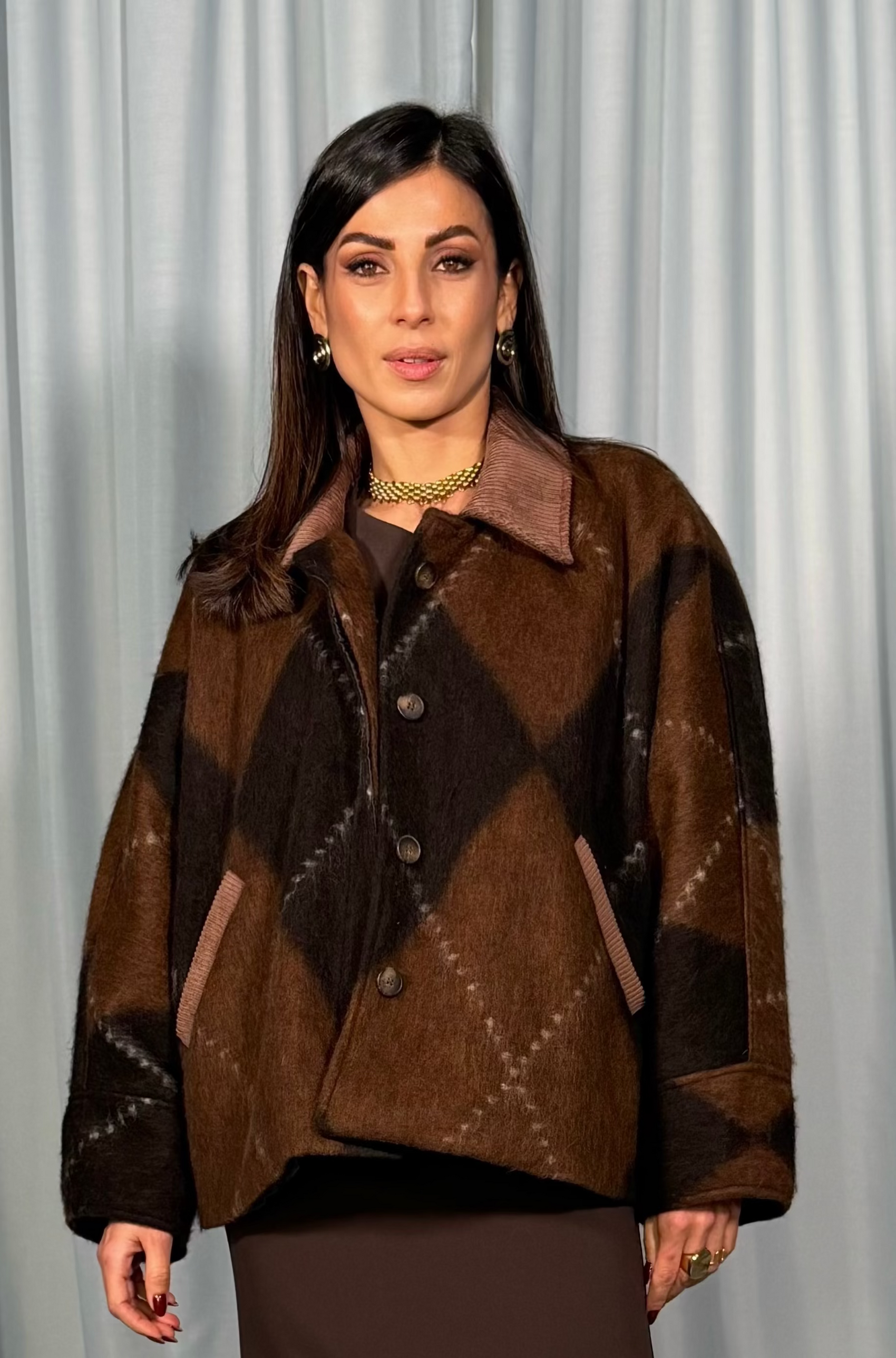 Shirt jacket stampa maxi rombi con collo a contrasto