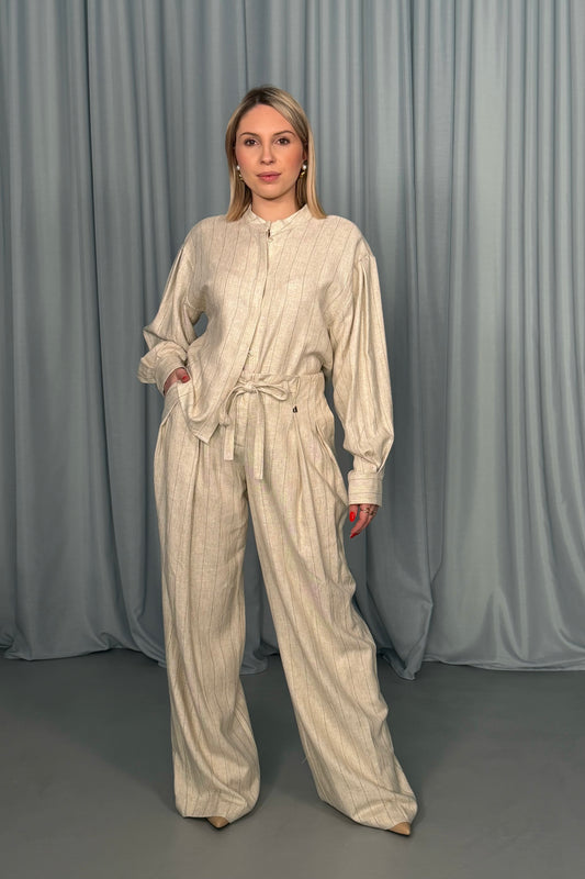 Pantaloni palazzo a righe vita alta con cintura
