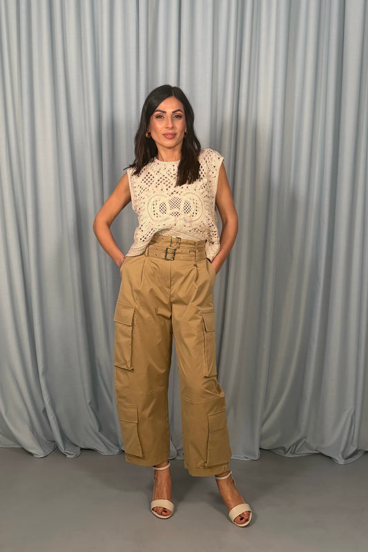 Pantaloni palazzo cargo a vita alta con cintura