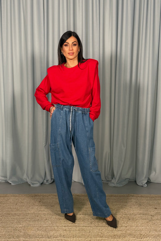 Jeans baggy vita alta con tasche applicate