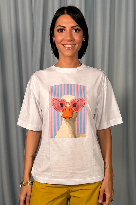 T-shirt a maniche corte stampa papera occhiali cuore