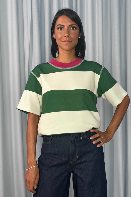 T-shirt a righe girocollo contrasto