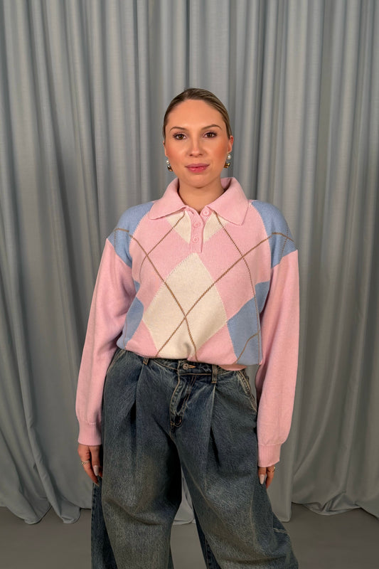 Maglione a rombi con colletto e bottoni