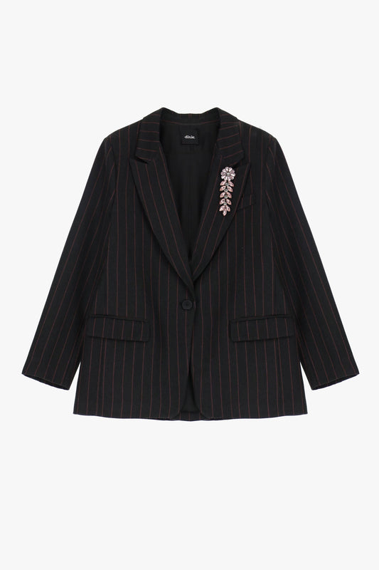 Blazer a righe con tasche e spilla gioiello