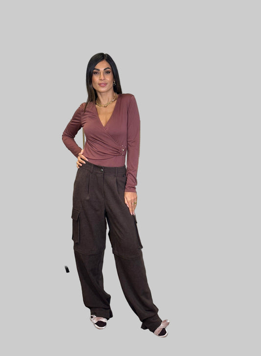 Body incrociato con maniche lunghe arricciatura laterale