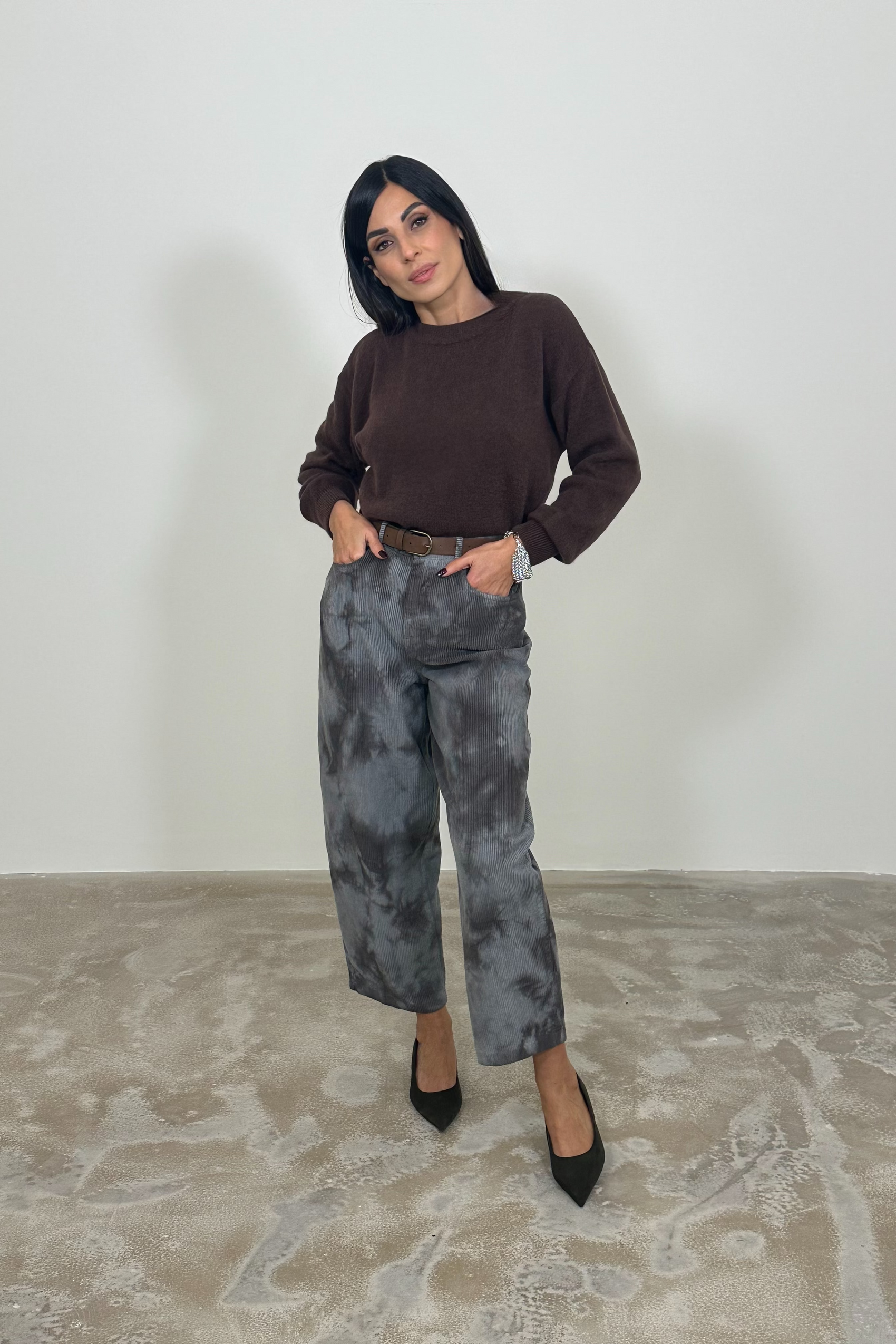 Pantaloni palazzo tie-dye velluto a coste con cintura e tasche