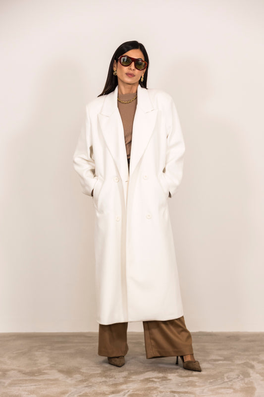 Cappotto doppiopetto lungo con tasche a filetto