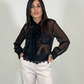 Camicia trasparente con fiocco e inserto in pizzo