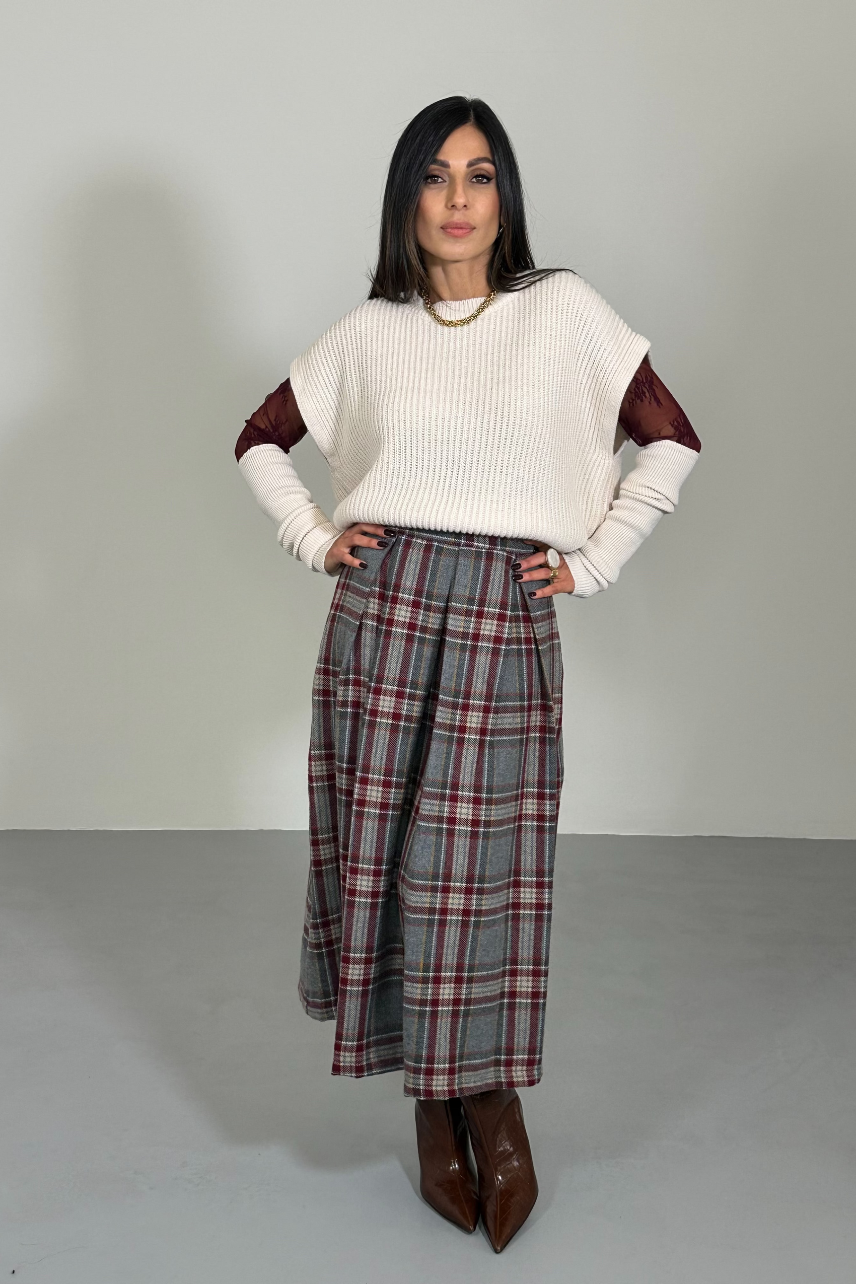 Gonna lunga a pieghe fantasia scozzese vita alta