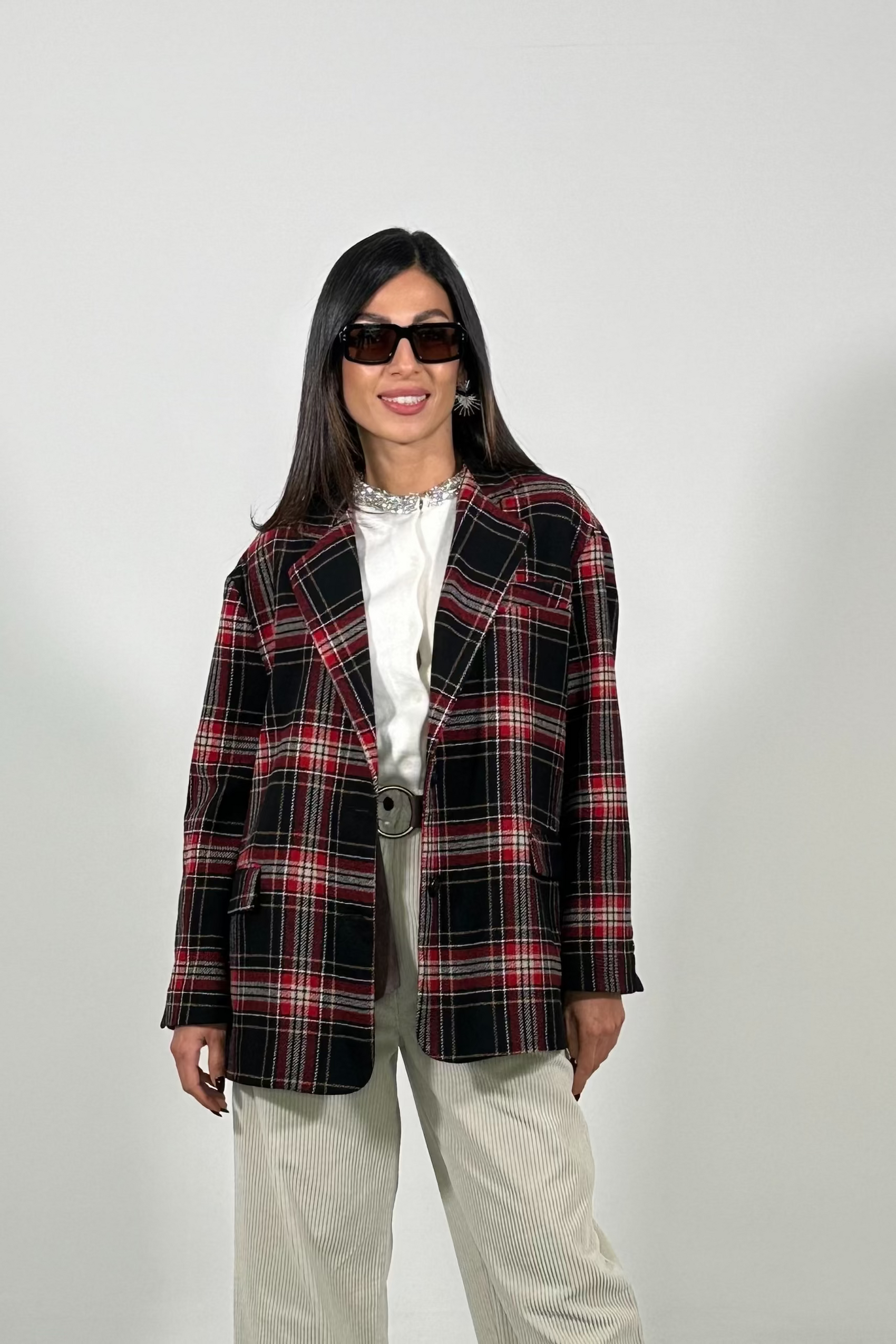 Blazer a quadri con tasche frontali e bottoni