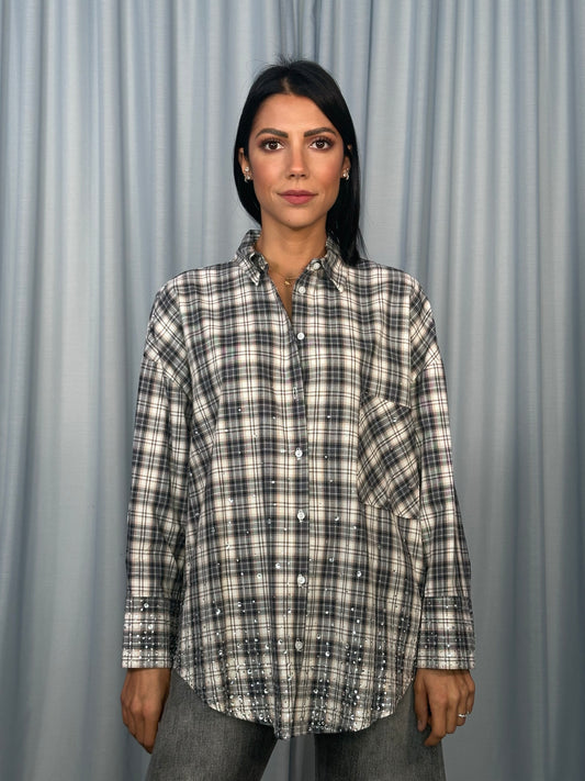Camicia a quadri con tasca applicata e strass