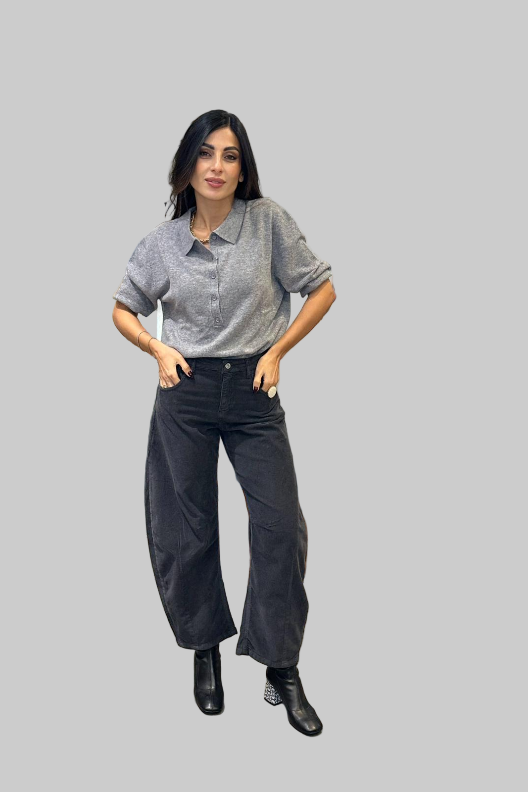 Pantaloni barrel a costine con vita regular e tasche