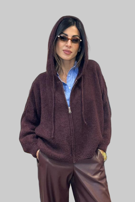 Cardigan oversize con cappuccio e zip frontale